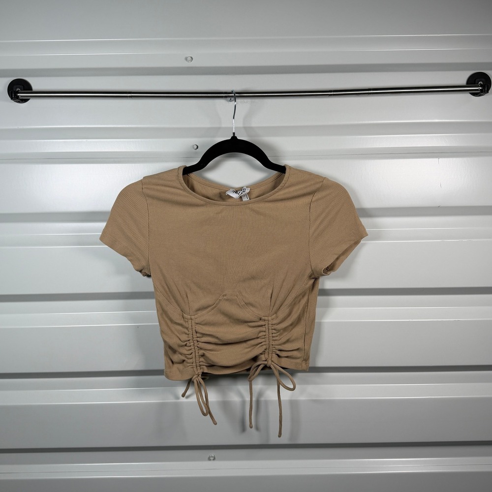 Princess Polly Tan Ribbed Ruched Front Drawstring Crop Top Womens Size 6 US